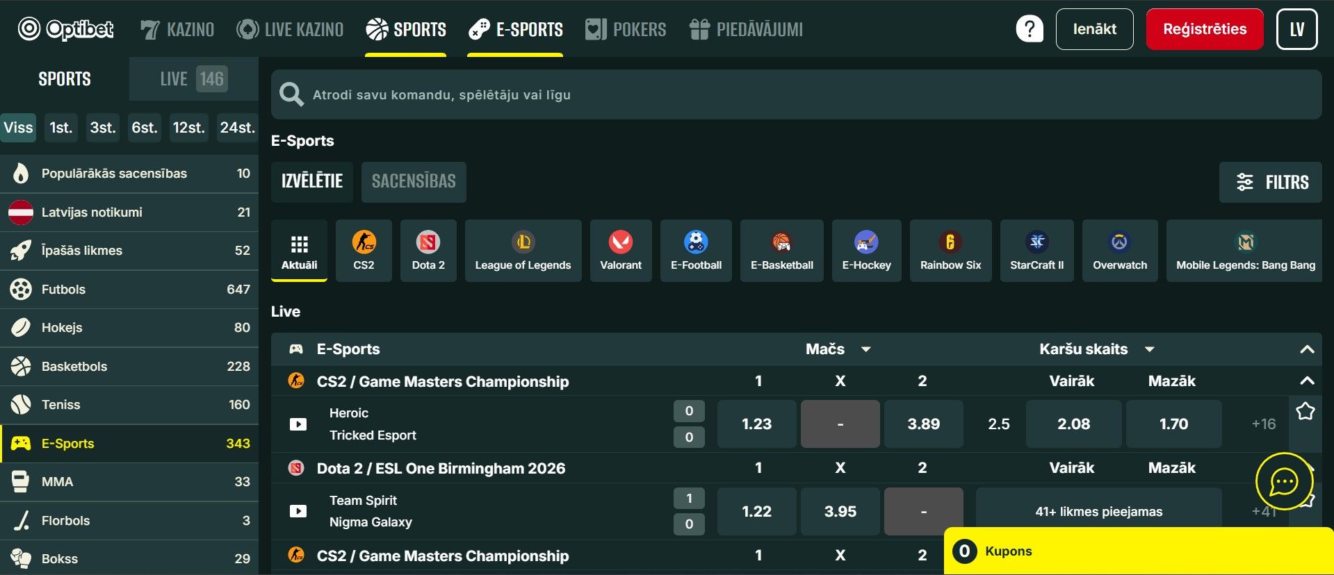 Optibet e-sporta likmes