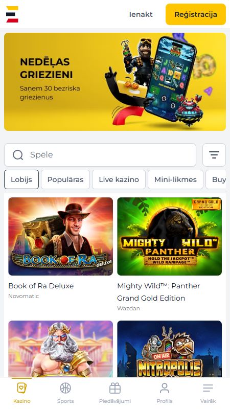 Tiešsaistes kazino sadaļa vietnē Spelet.lv