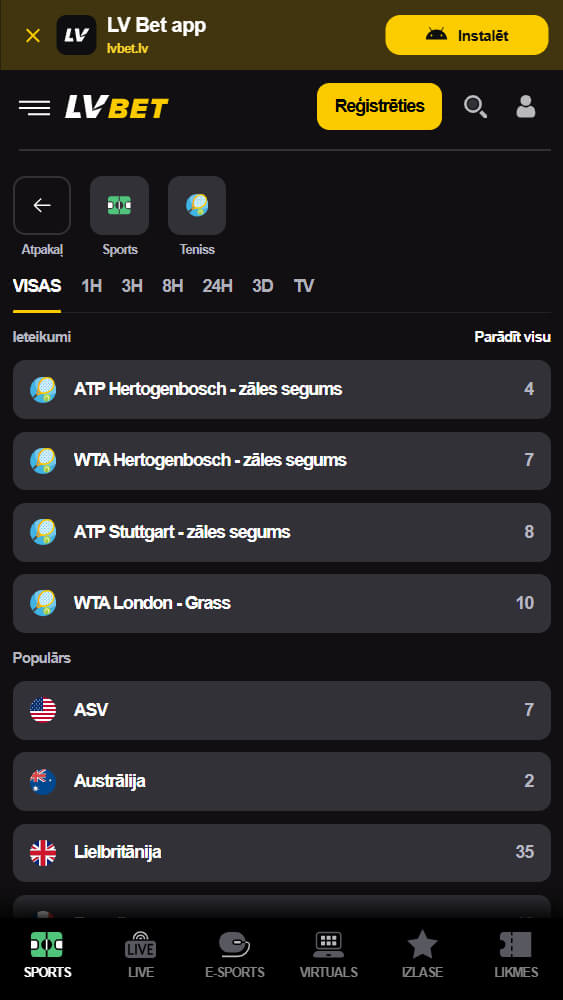 Lvbet tenisa bukmeikeru mobilo