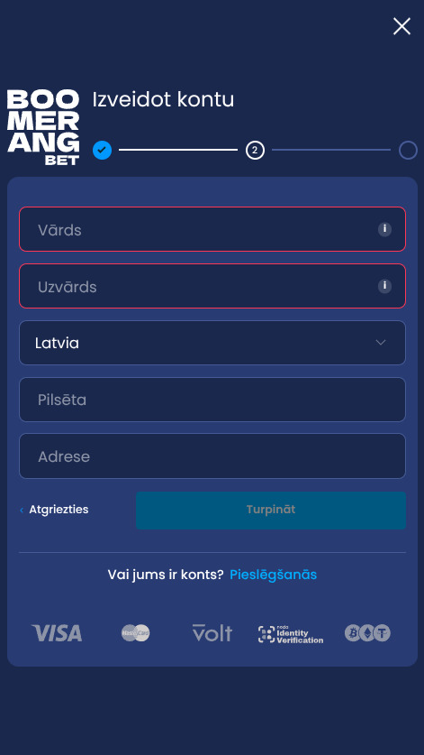 Konta izveide vietnē BoomBet
