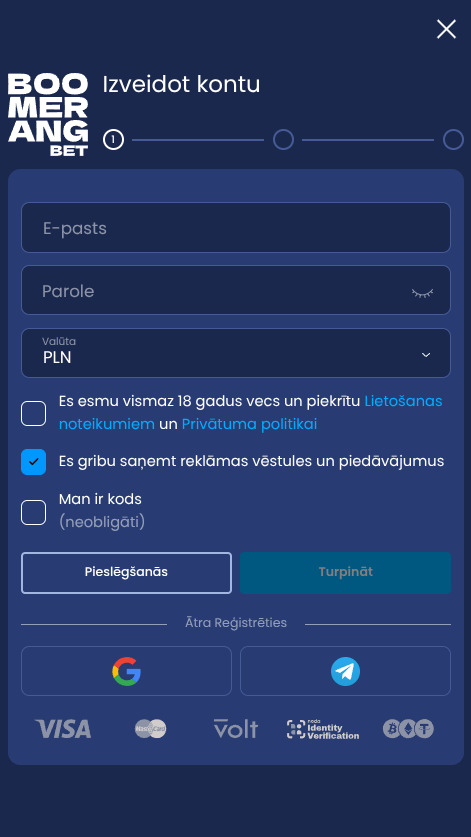 Konta izveide vietnē BoomBet