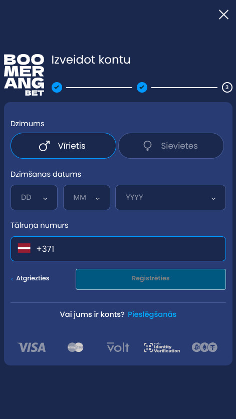 Konta izveide vietnē BoomBet