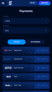 Maksājumu metožu sadaļa vietnē BoomerangBet