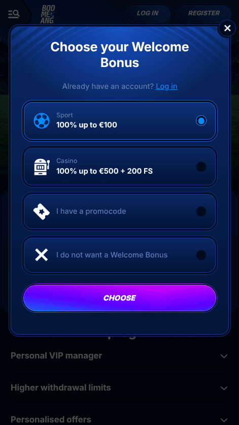 Konta izveide vietnē BoomerangBet