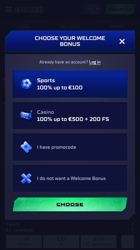 Sportaza reģistrācijas process: Izvēlieties sagaidīšanas bonusu