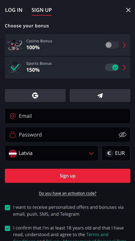 Konta izveide vietnē Starda
