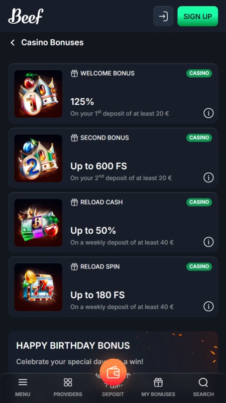 Beef Casino Bonusi un Akcijas