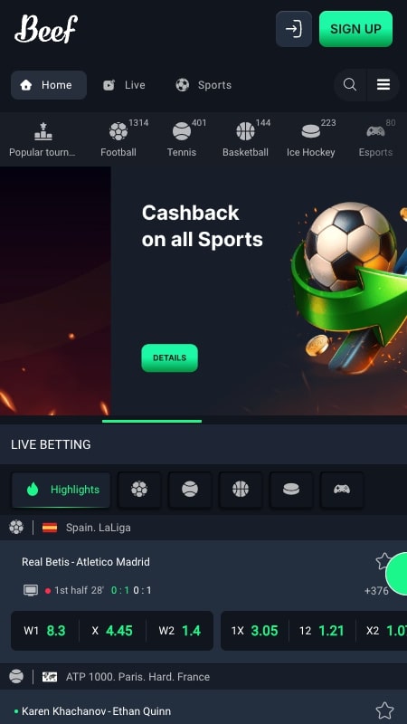 Beef sporta likmju interfeiss