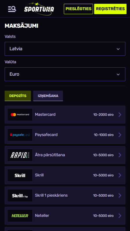 Sportuna payment options