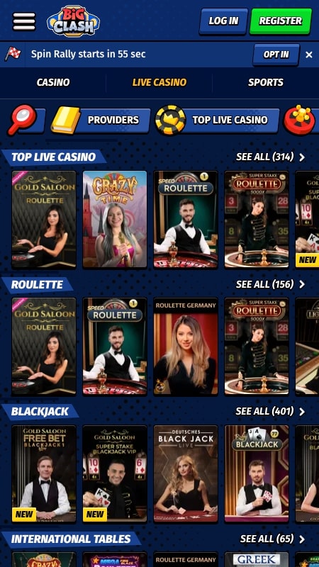 BigClash tiešraides kazino interfeiss