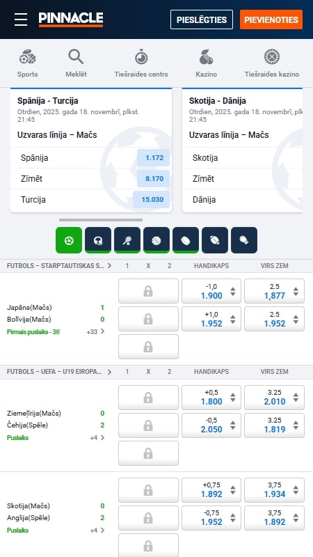 Pinnacle bookmaker main page