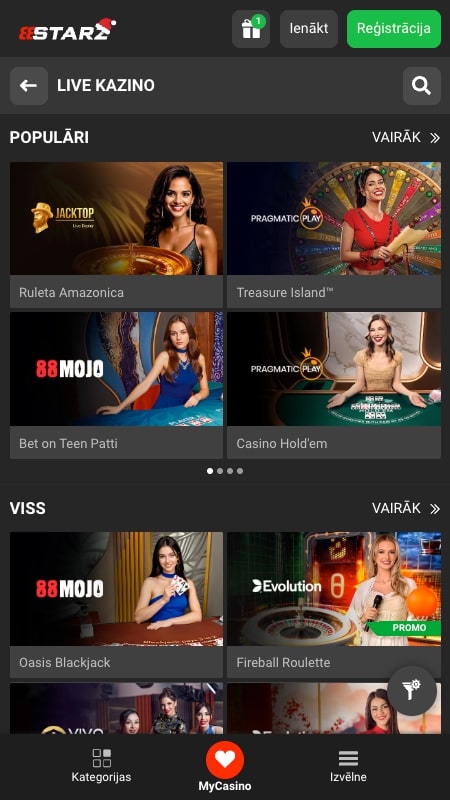 888starz tiešraides kazino interfeiss