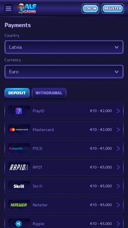 Раздел способов оплаты на AlfCasino