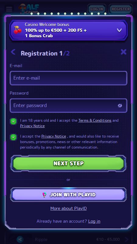 Создание учетной записи на AlfCasino
