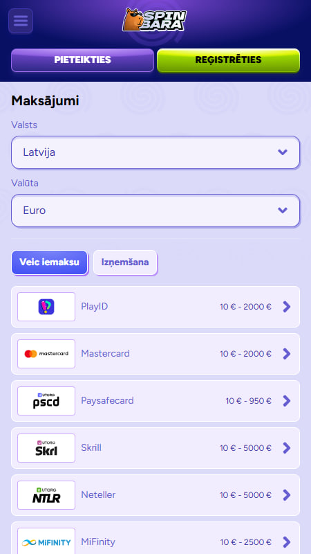 Spinbara kazino Iemaksas