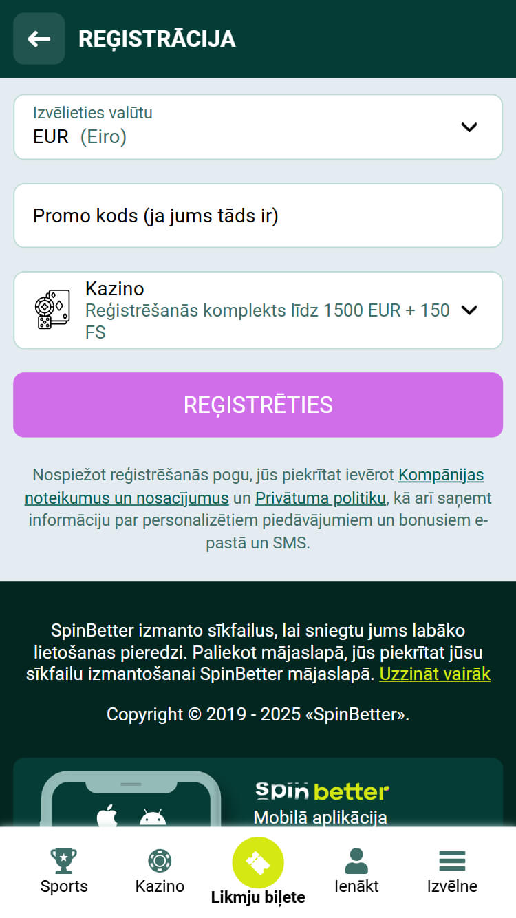 SpinBetter reģistrācija