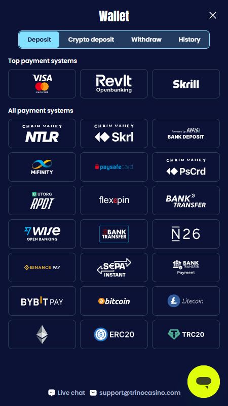 Maksājumu metožu sadaļa vietnē TrinoCasino