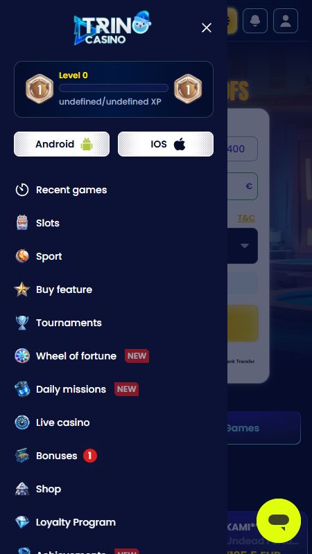 Izpētiet TrinoCasino vietnes pilnas izvēlnes iespējas