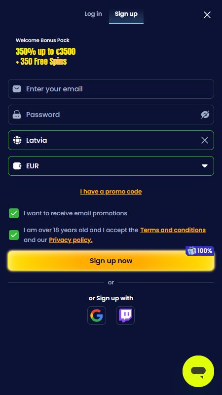 Konta izveide vietnē TrinoCasino