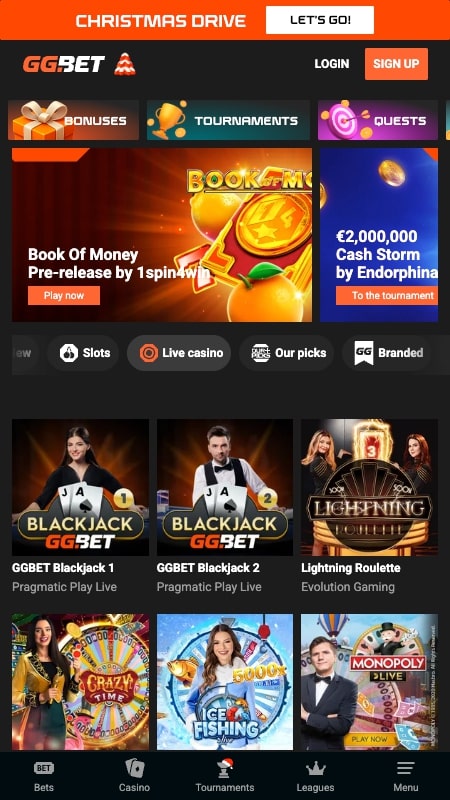 GGBet tiešraides kazino interfeiss