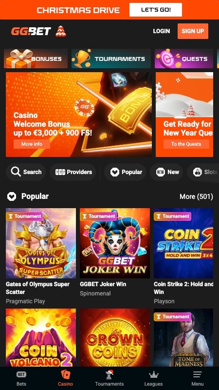 GGBet kazino interfeiss