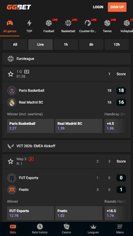 GGBet tiešraides likmju interfeiss