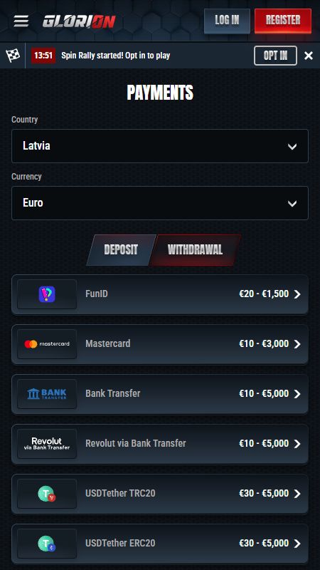 Maksājumu metožu sadaļa vietnē Glorion