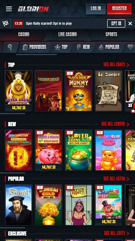 Interfaz de Glorion Casino