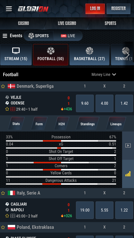 Интерфейс live-ставок Glorion