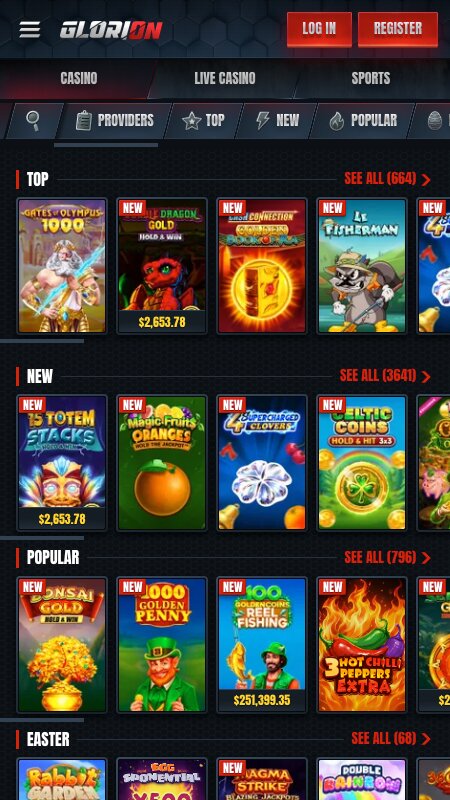 Интерфейс казино Glorion