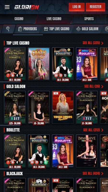 Интерфейс live-казино Glorion
