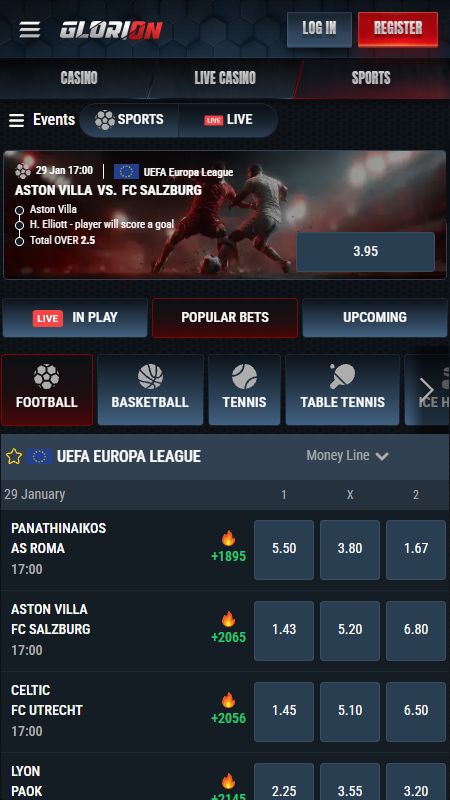 Интерфейс спортивных ставок Glorion