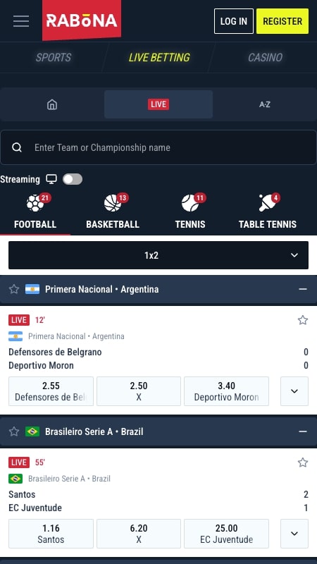 Интерфейс live-ставок Rabona
