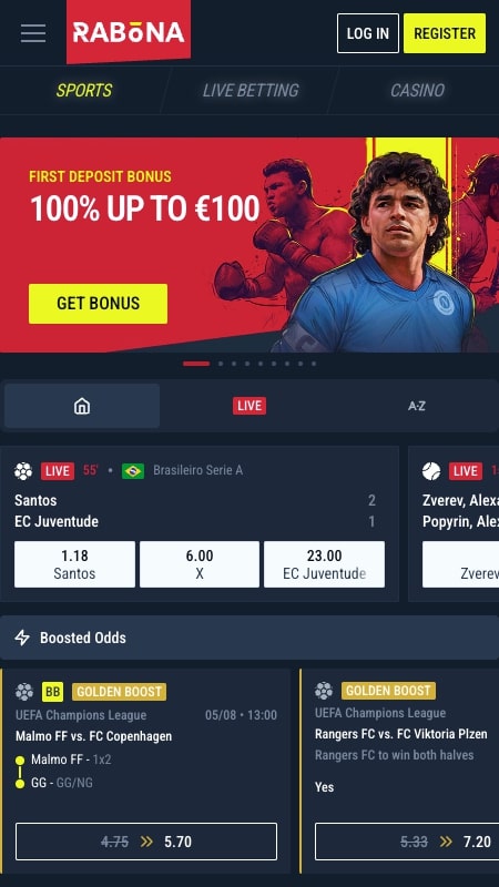 Интерфейс спортивных ставок Rabona