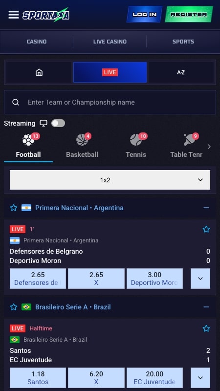 Интерфейс live-ставок Sportaza