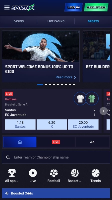 Интерфейс спортивных ставок Sportaza