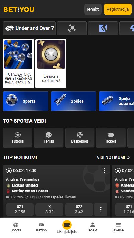 BetAndYou bukmeikera sākumlapa