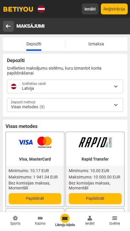 BetAndYou maksājumu metodes