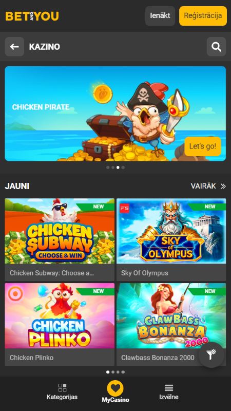 Tiešsaistes kazino sadaļa vietnē BetAndYou 
