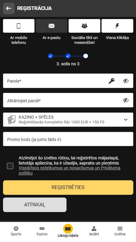 BetAndYou reģistrācijas process: Reģistrācija pa e-pastu