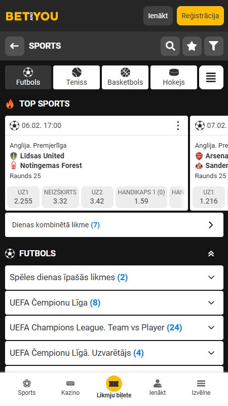 BetAndYou sporta likmju interfeiss