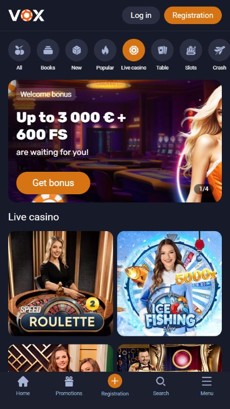 Tiešsaistes kazino sadaļa vietnē VOX