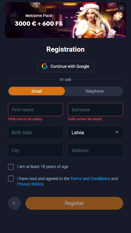 Konta izveide vietnē VOX