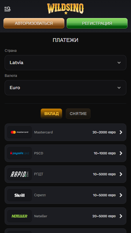 Wildsino методы внесения депозита