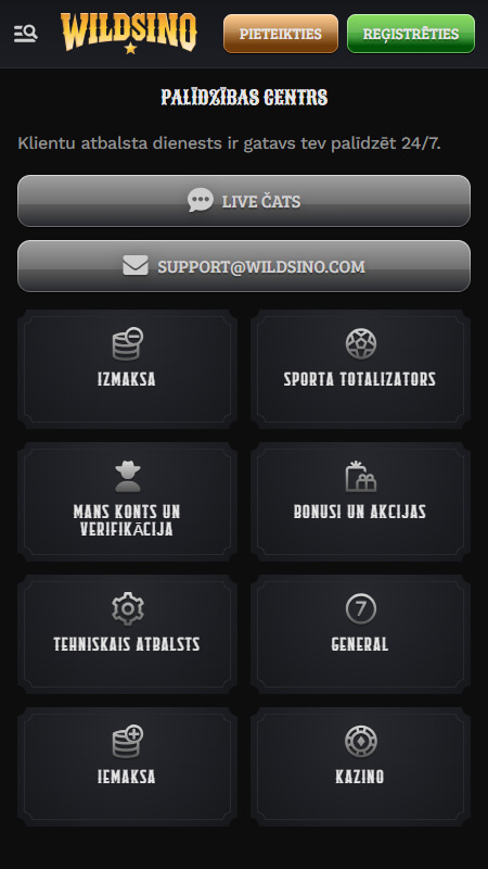 Wildsino Klientu atbalsts Latvijā