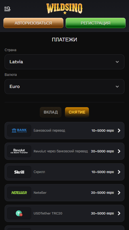 Wildsino методы вывода средств