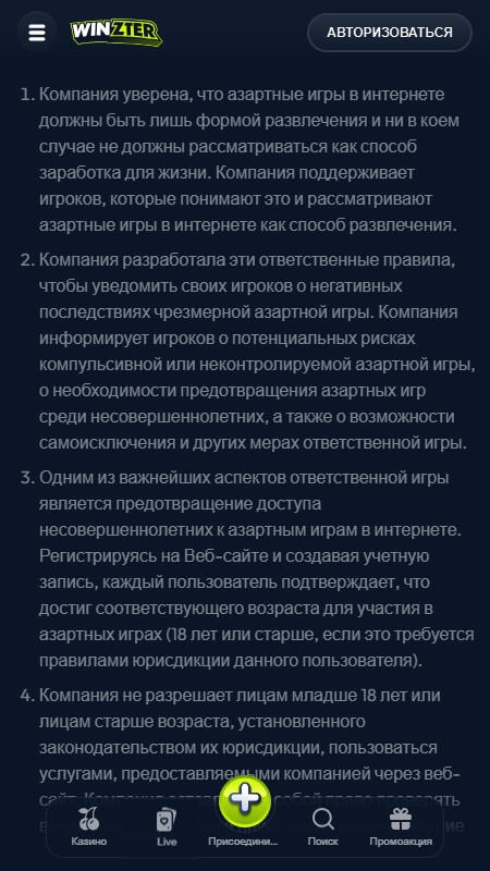 Winzter политика ответственной игры