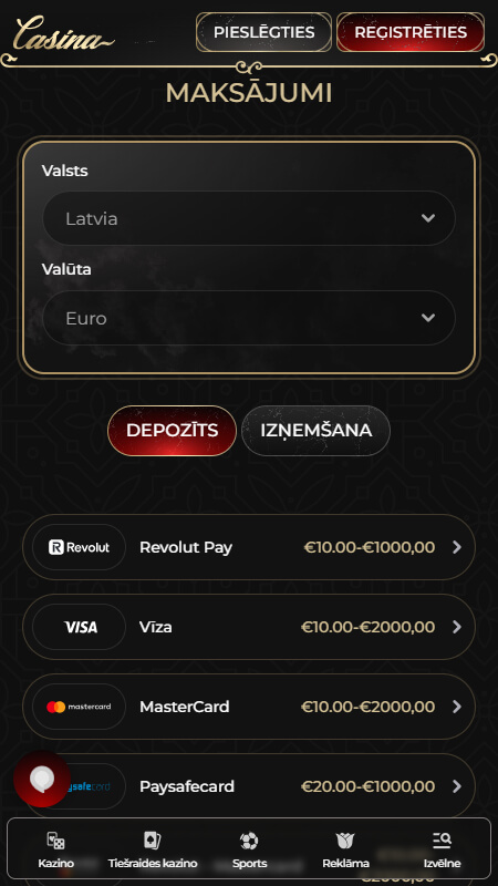 Casina kazino - Maksājumu metodes