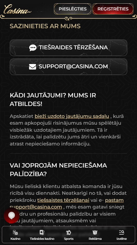 Casina kazino Klientu atbalsts