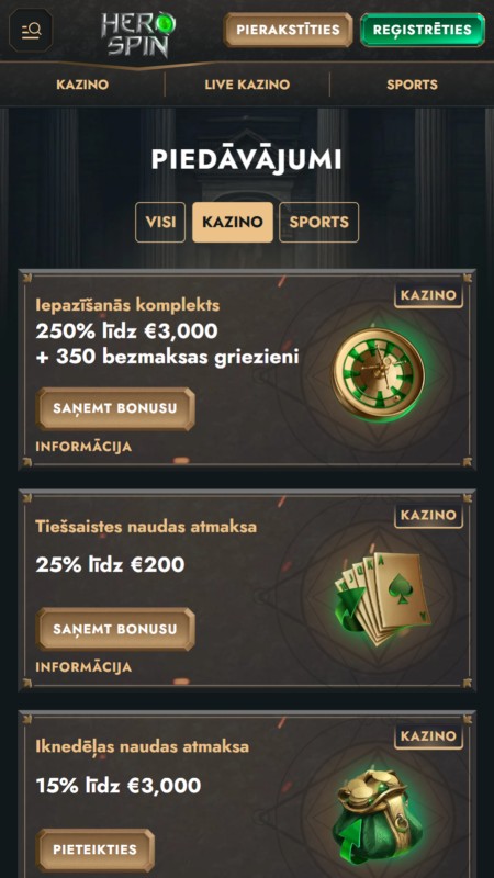 HeroSpin Bonusi un Akcijas